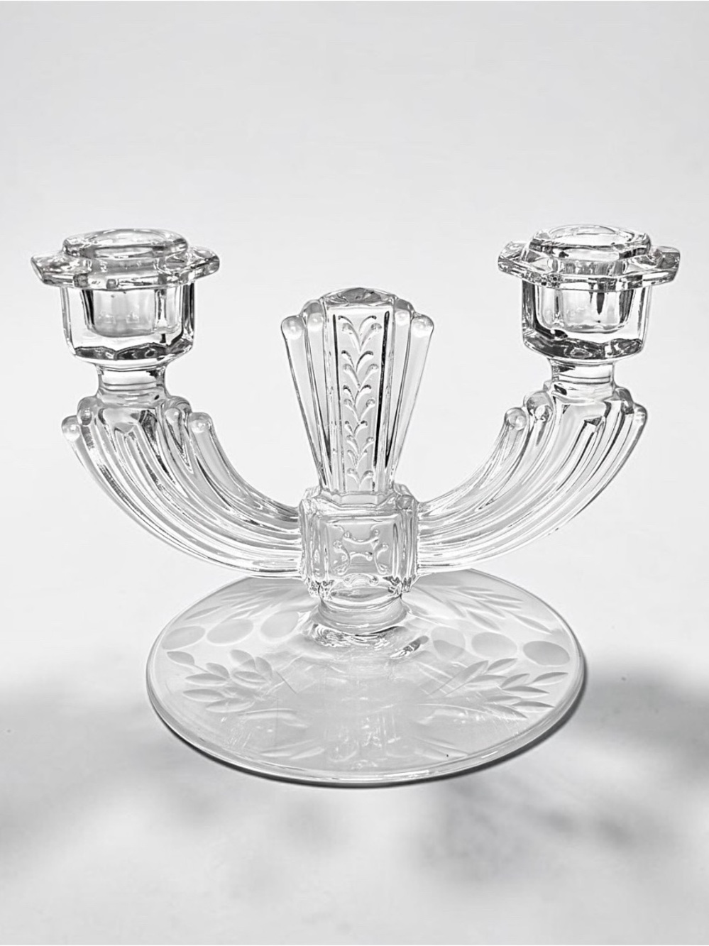 Vintage Tiffin Glass Double Candleabra W.J. Hughes Cornflower Etched Art Deco